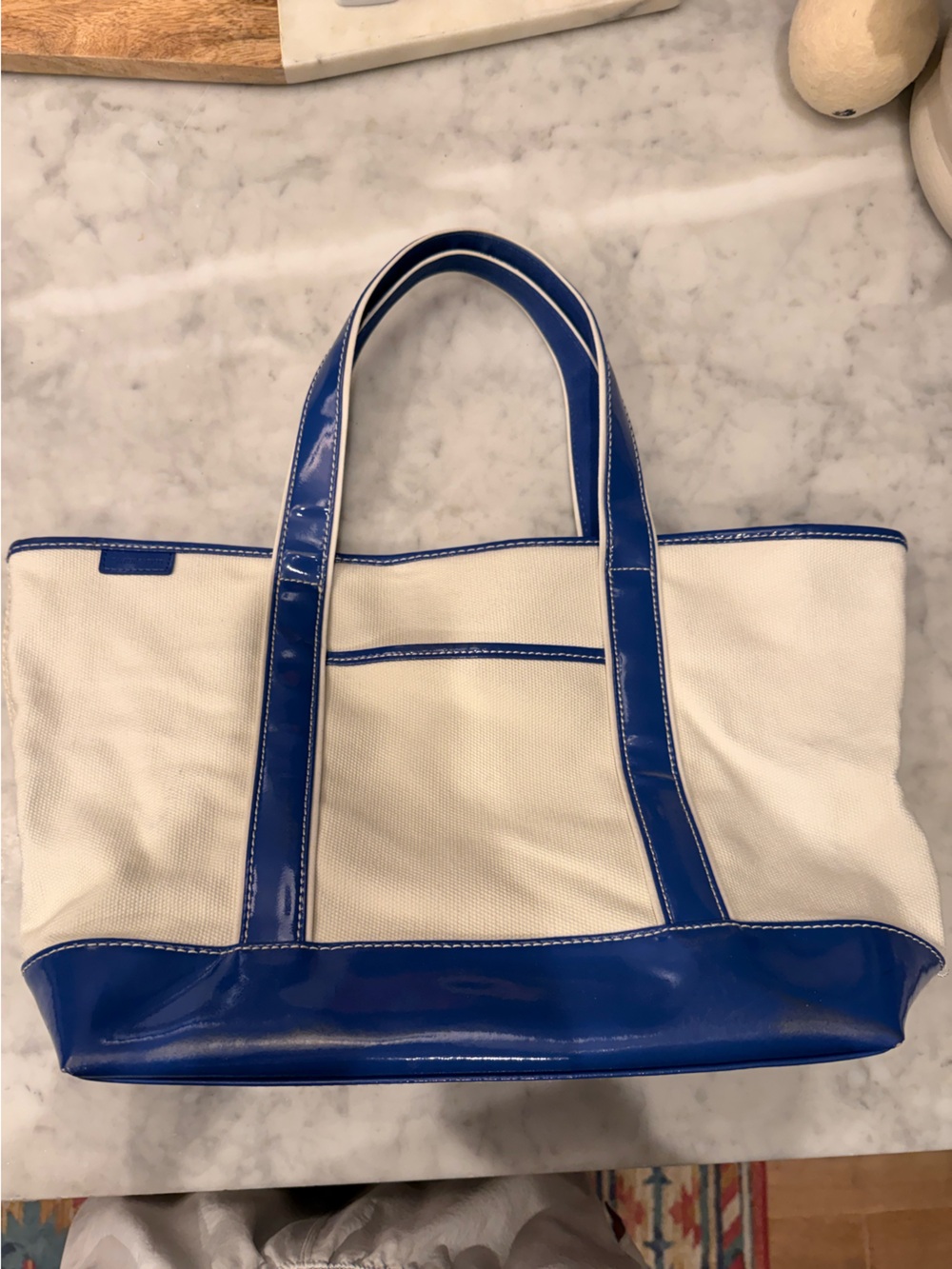 Lands’ End Boat Tote Bag with Blue Patent Leather Accents